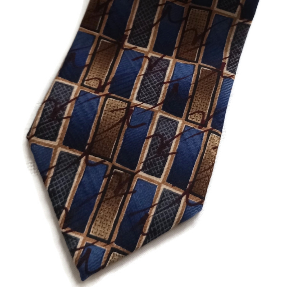 Jimmy V 100% Silk Tie Blue, Gold & Brown Tones, Geometric Print